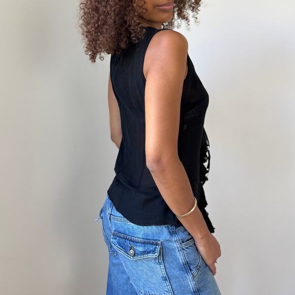 Vintage euro Black Sheer Silk-Feel Ruffle Blouse with Side Zip (S/M) - Picture 3 of 7